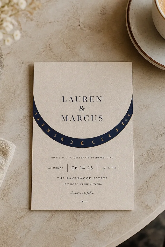 Sand beige card with navy band under names and tiny crescent icons