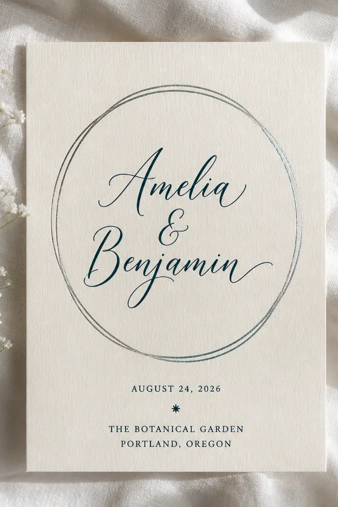 Ivory invitation with deep teal calligraphy name and a halo-like outline