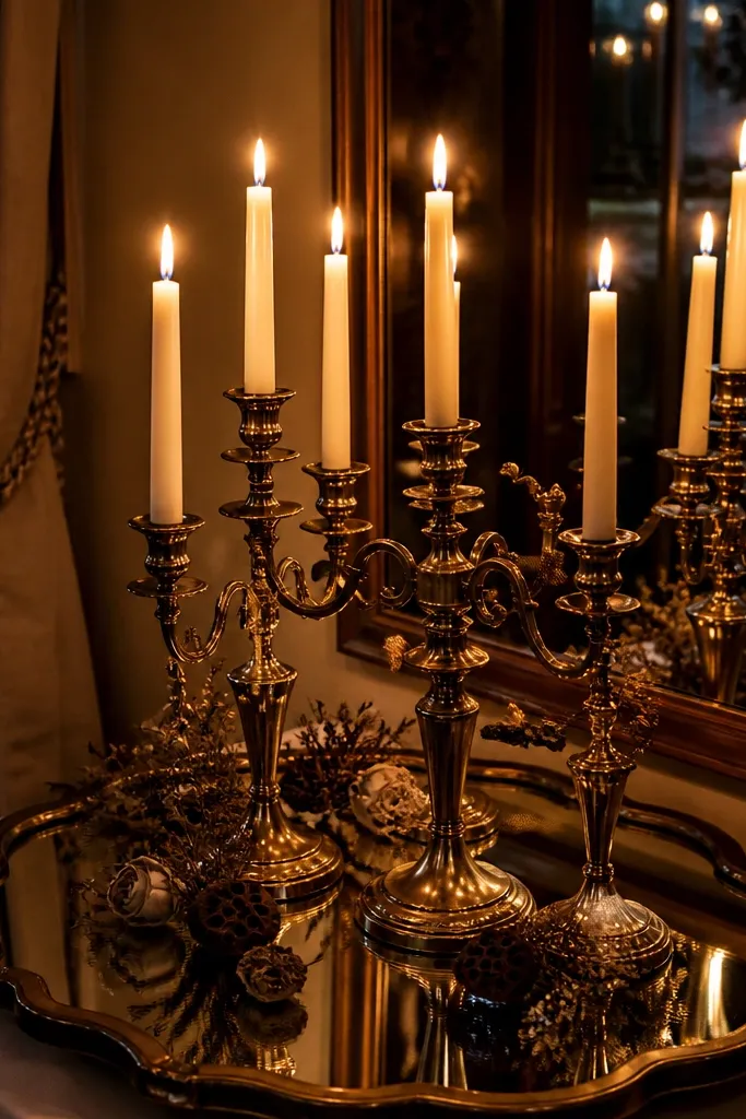 Brass candle cluster on a silver mirror tray with scattered dried florals