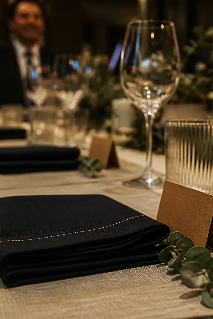 Folded black linen napkins with white stitching and clay-colored place cards on a table
