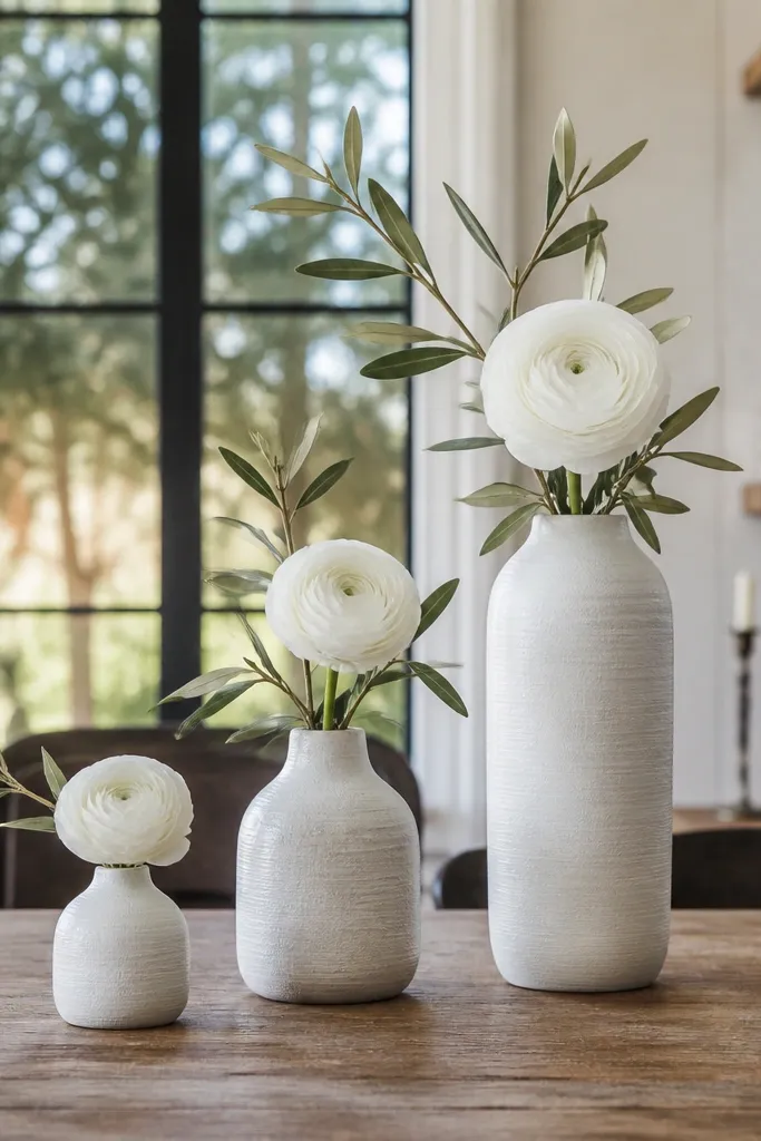 Grouped ceramic bud vases in one color with small stems arranged by height