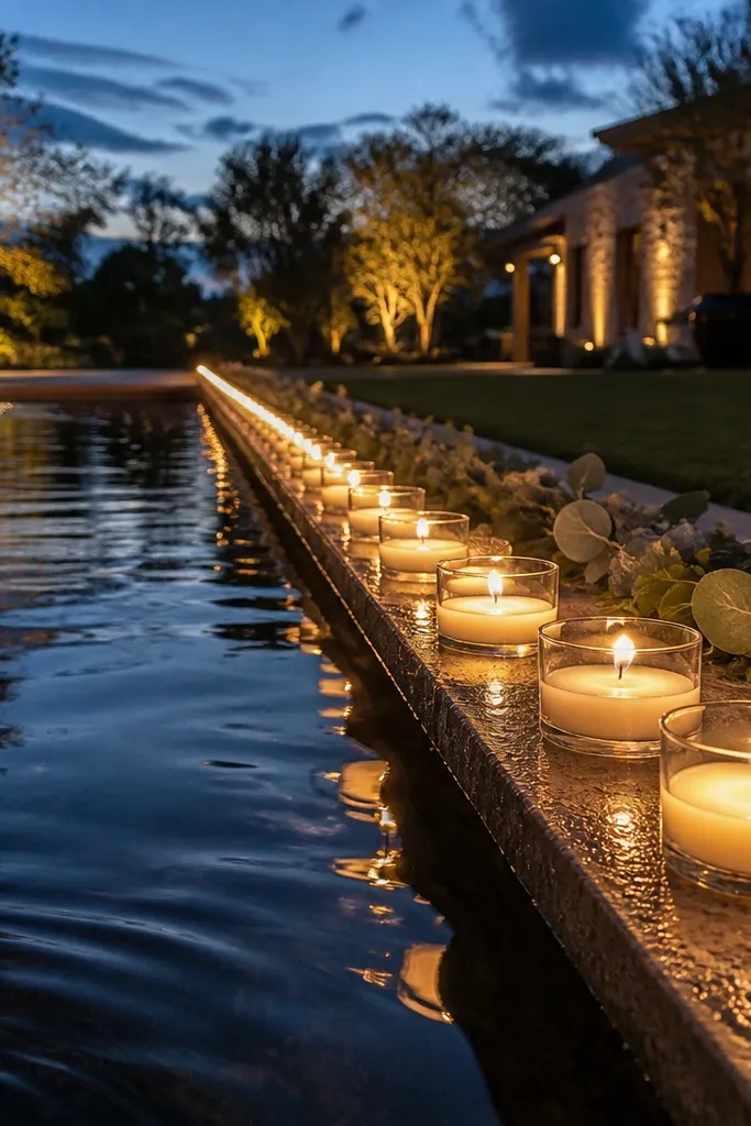 Small floating candles along the edge of a shallow water feature at night