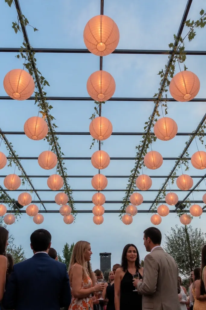 One-color paper lanterns hung in a grid behind a wedding seating area