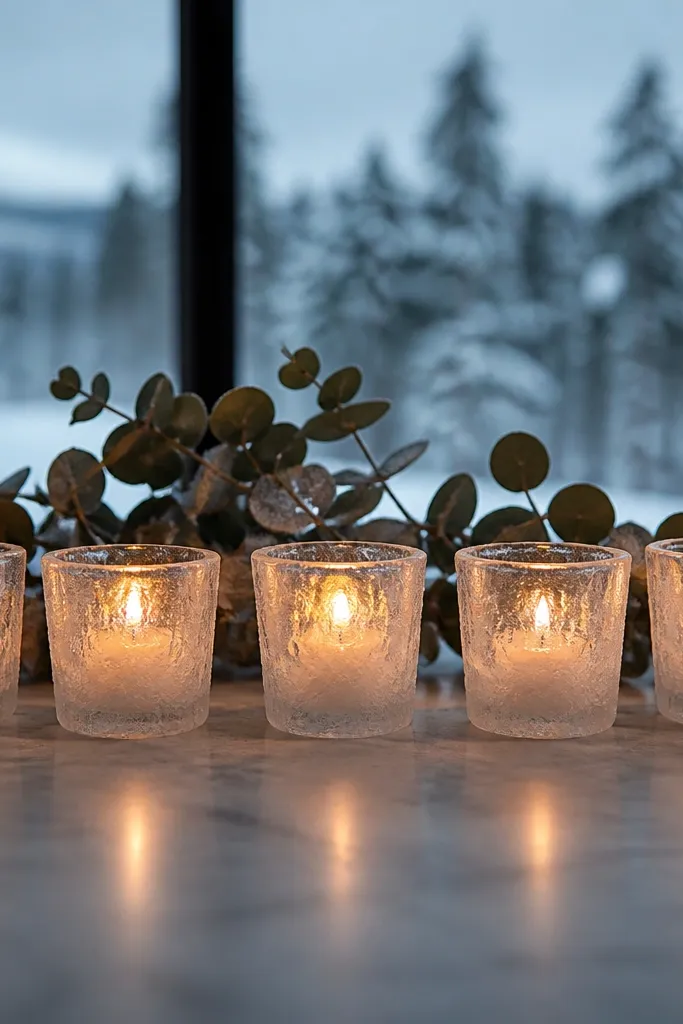 Row of frosted glass votives with pale candles on a long table