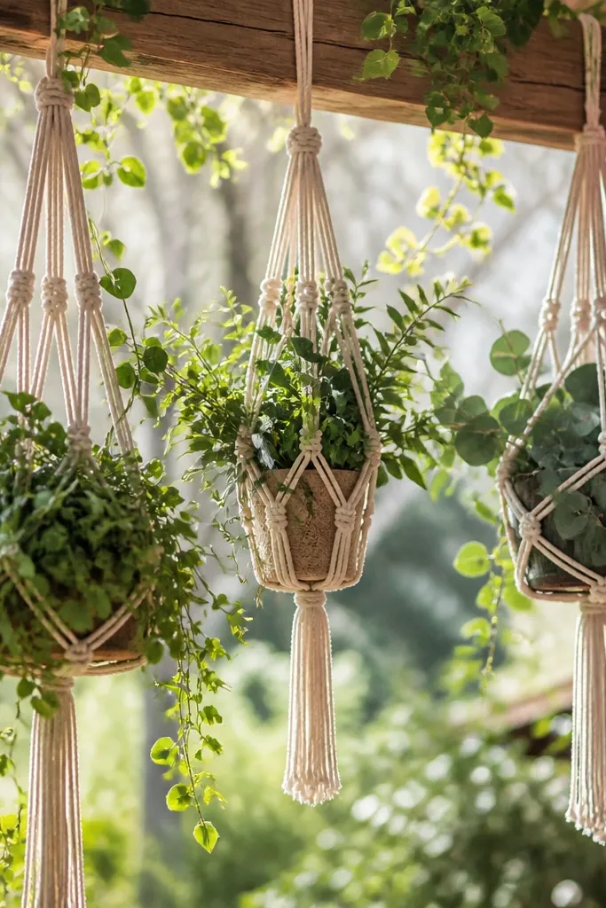 Macrame plant hangers with airy greenery hanging above a ceremony aisle