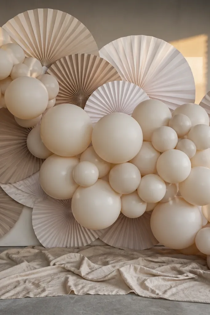 Monochrome balloon clusters backed by paper fans behind the area