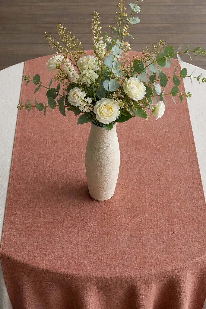 Two-tone tablecloth setup with one tall statement vase in the center
