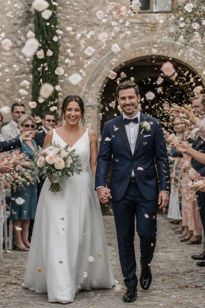 Two-size petal confetti mix with dried herb sprigs spread on a wedding aisle