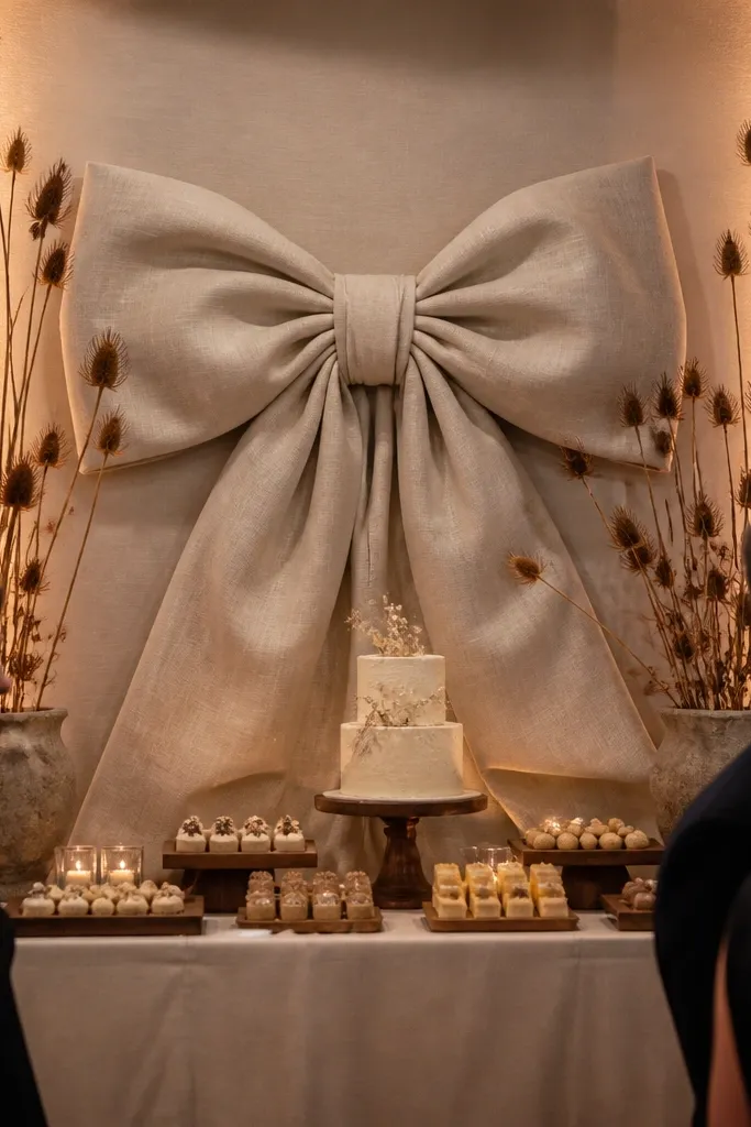 Oversized linen bow backdrop behind dessert table with dried seed pods