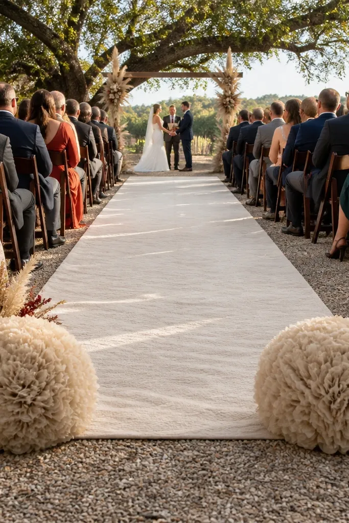 Aisle runner with large linen pom-pom ends at the start and end