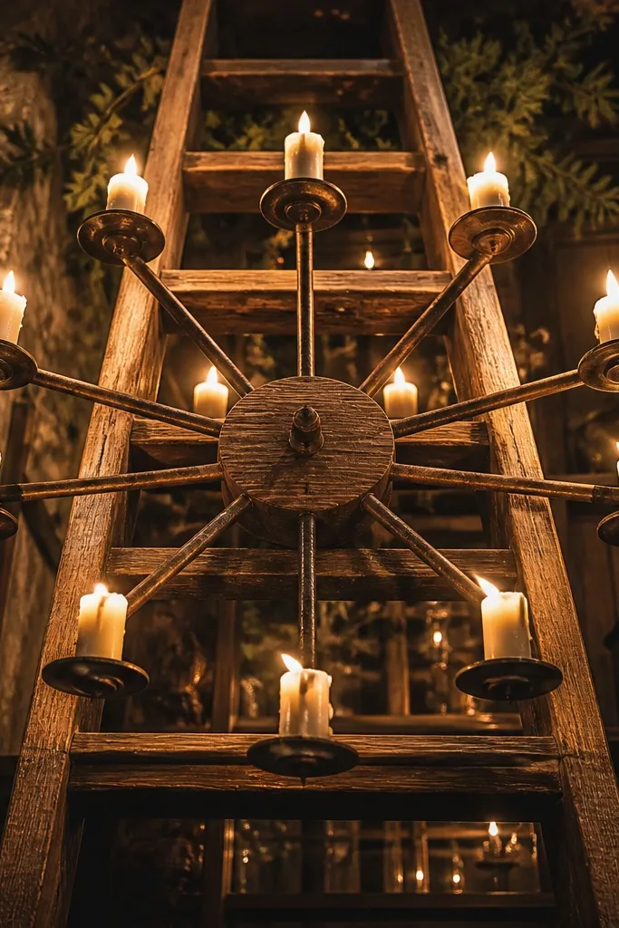 Rustic ladder set with candle sconces in a sunburst pattern