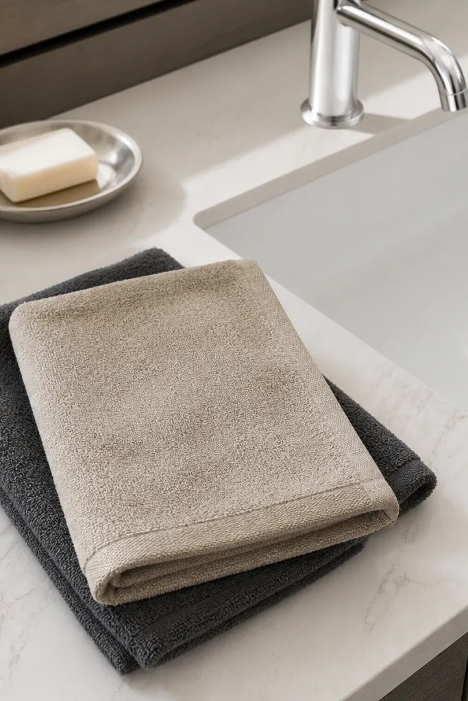 Sand and charcoal linen hand towels folded on a light wood tray