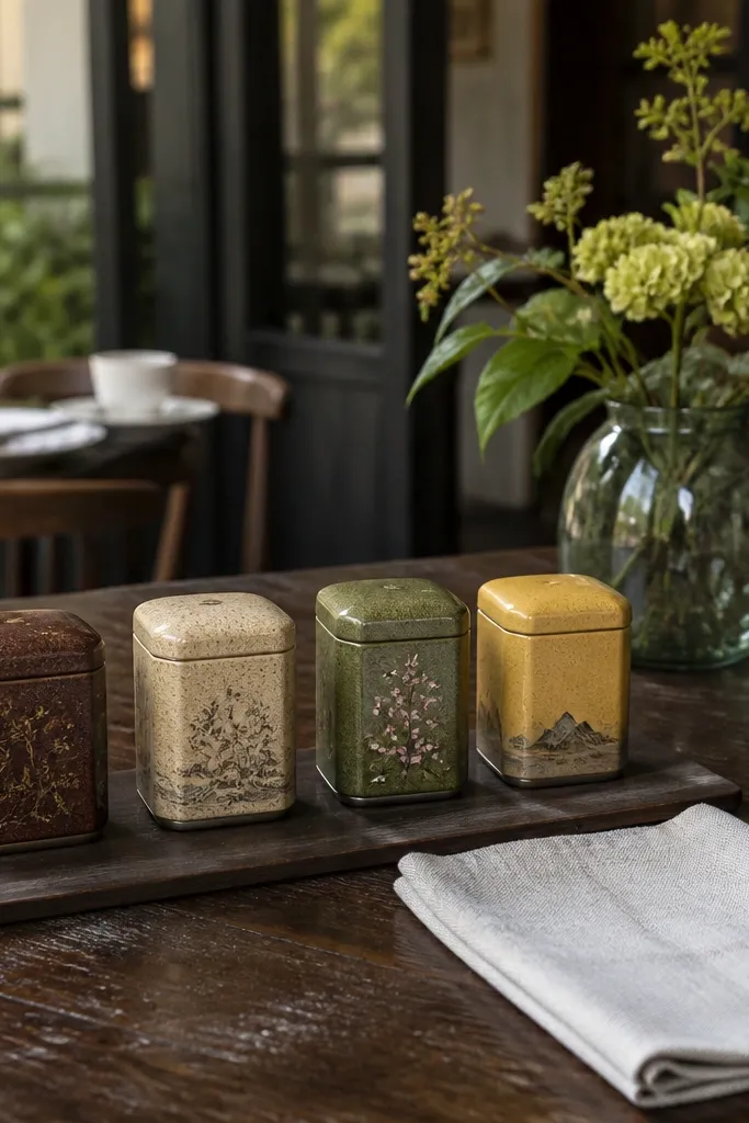 Four small tea tins with warm neutrals on a linen cloth beside a ceramic teapot