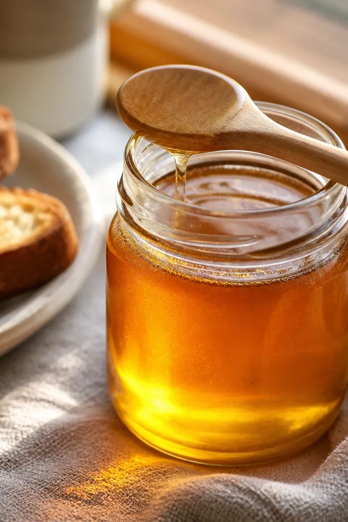 Small honey jar with a wooden spoon on linen, amber honey visible through glass