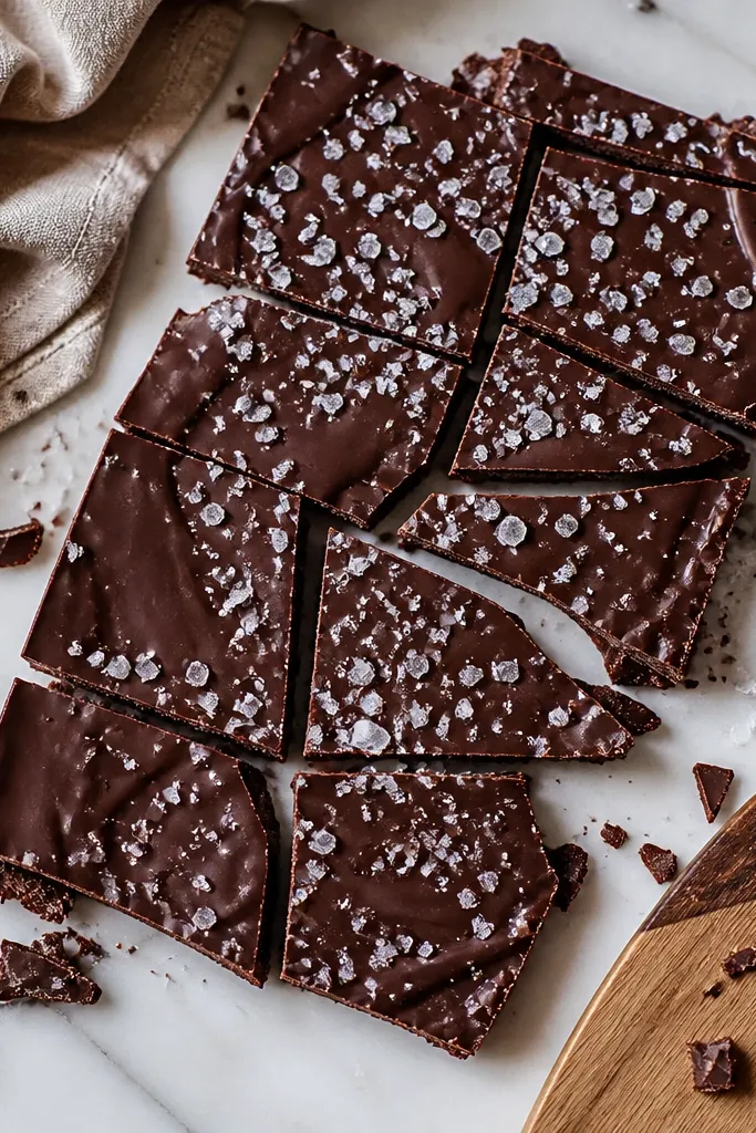 Chocolate bark broken into pieces with visible sea-salt flakes on parchment