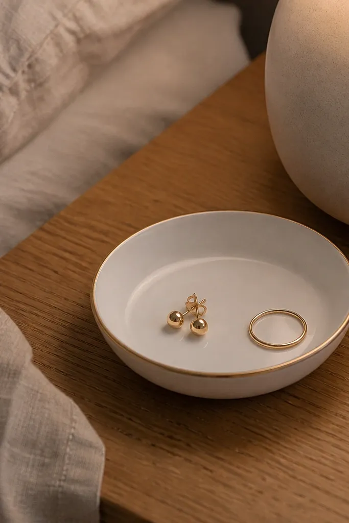 Matte white ceramic dish with a gold rim holding rings and a small candle