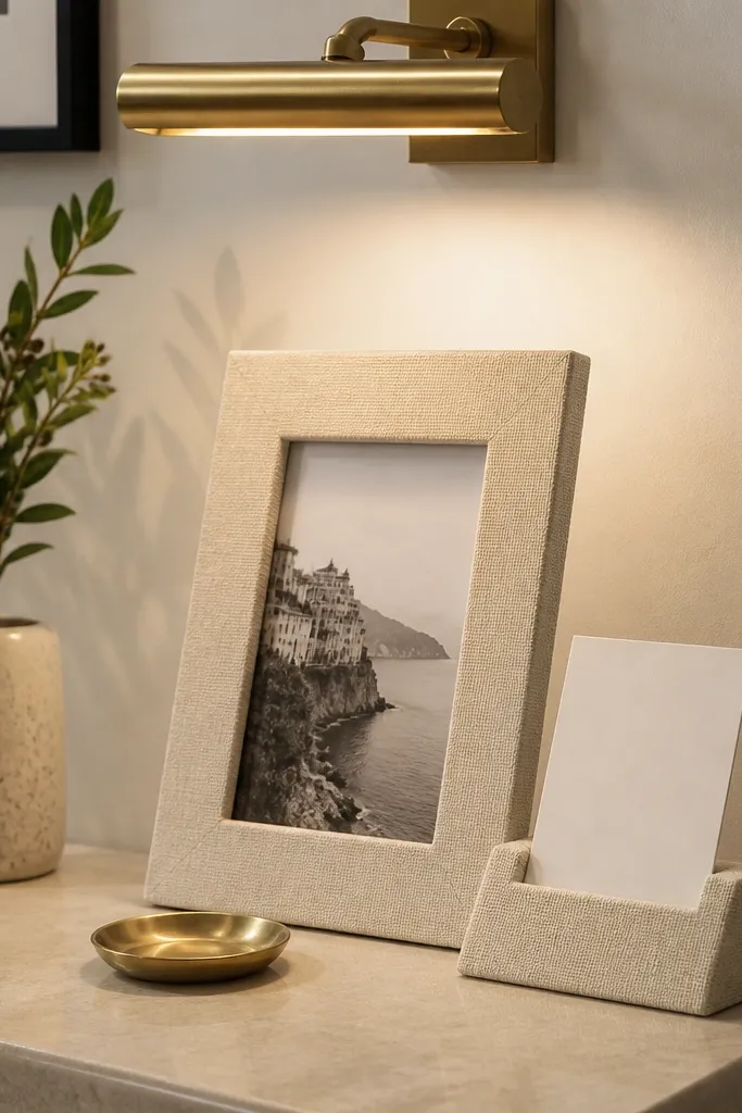 Small linen-wrapped frame with a simple date card propped beside it