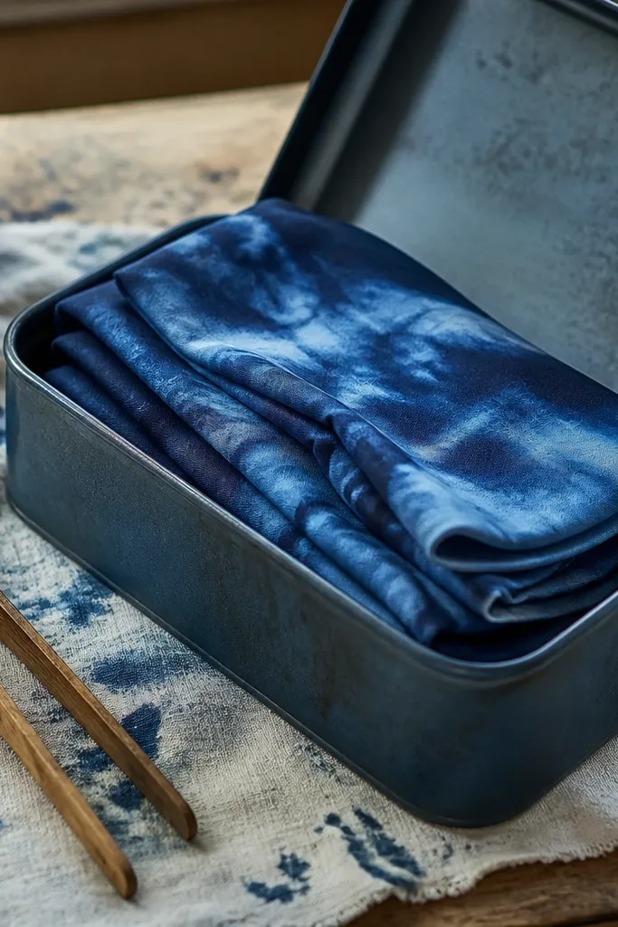 Tin dye kit with folded silk scarves in deep indigo and sky-blue