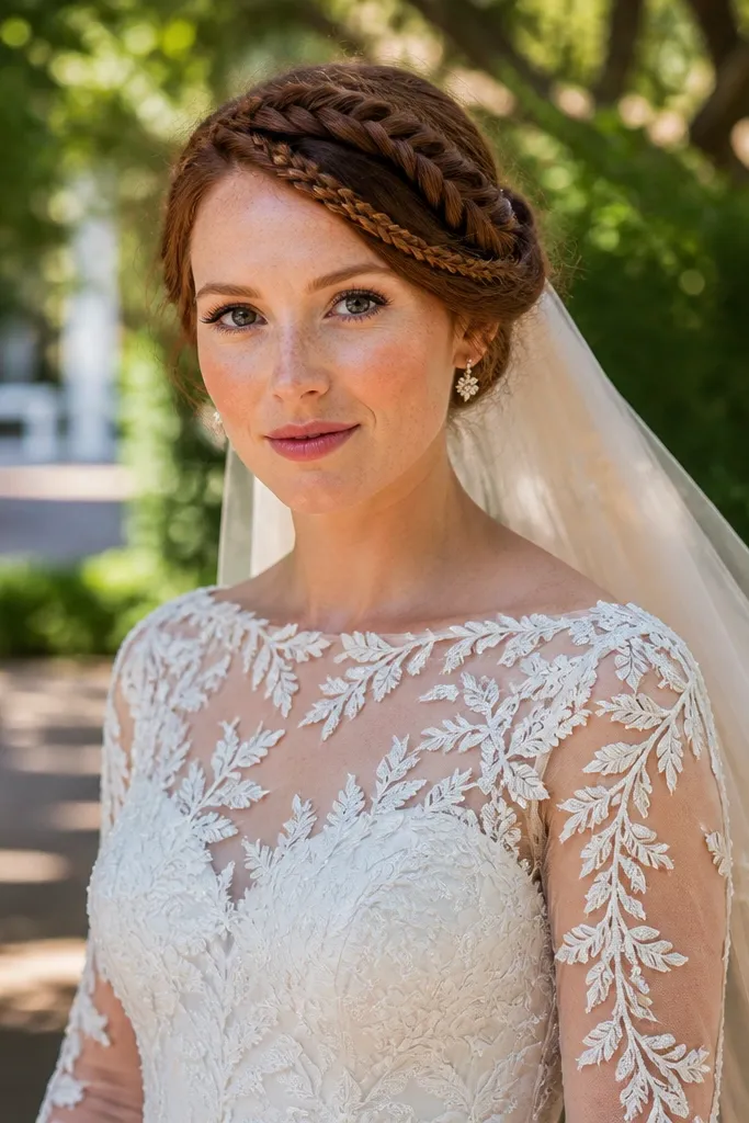 Brown hair twisted into a side crown with tiny braids near the hairline