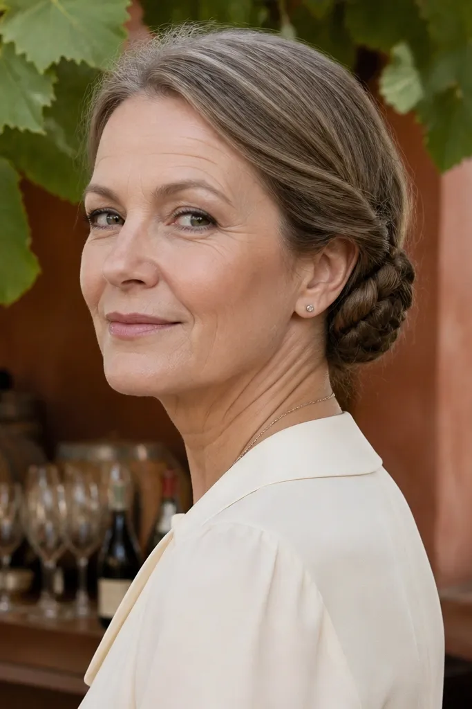 Brunette hair rolled at the nape with a braided faux-french edge