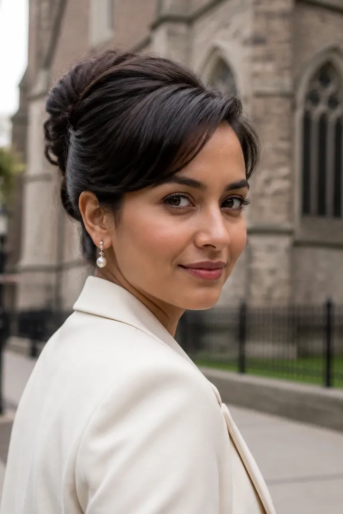 Sleek bun with sculpted twist and a pinned side fringe