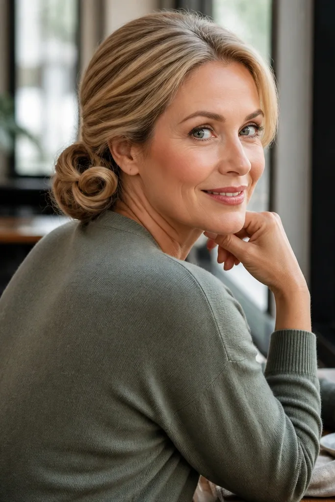 Low chignon with one teardrop loop pinned near the side