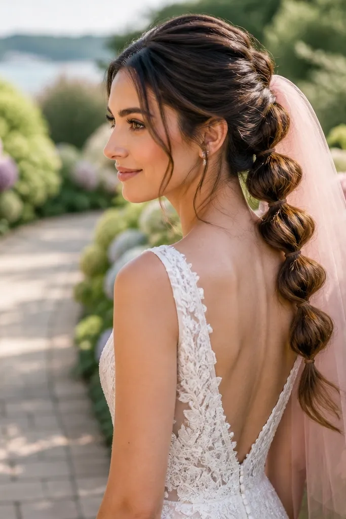 Half-up bubble braid with lifted crown and soft waves