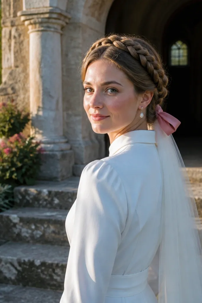 Three-strand twist crown with a small ribbon tied at the nape