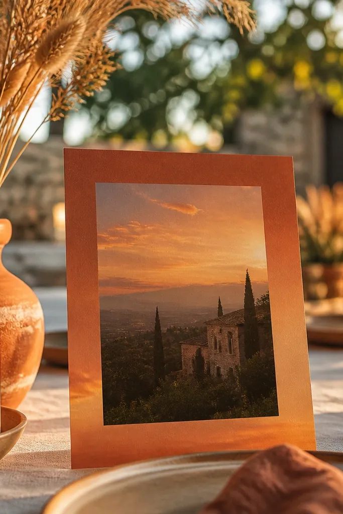 Terracotta mat with a soft sunset gradient and centered names