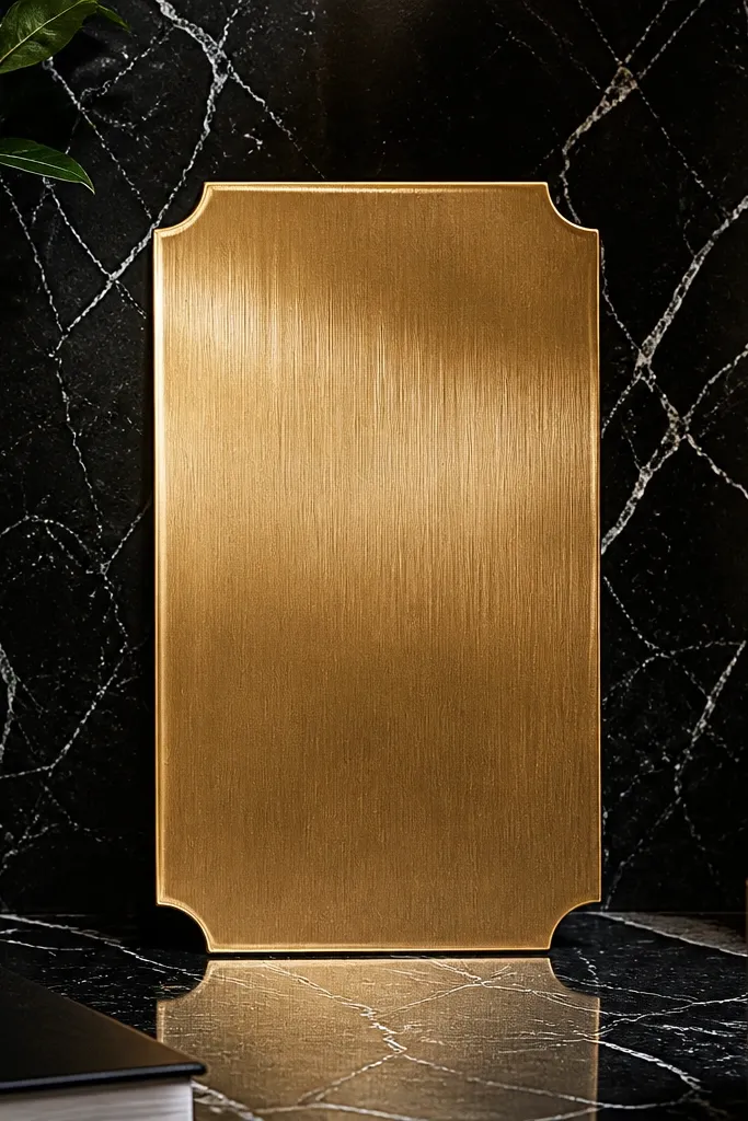 Dark marble background with a gold nameplate and clean white date text