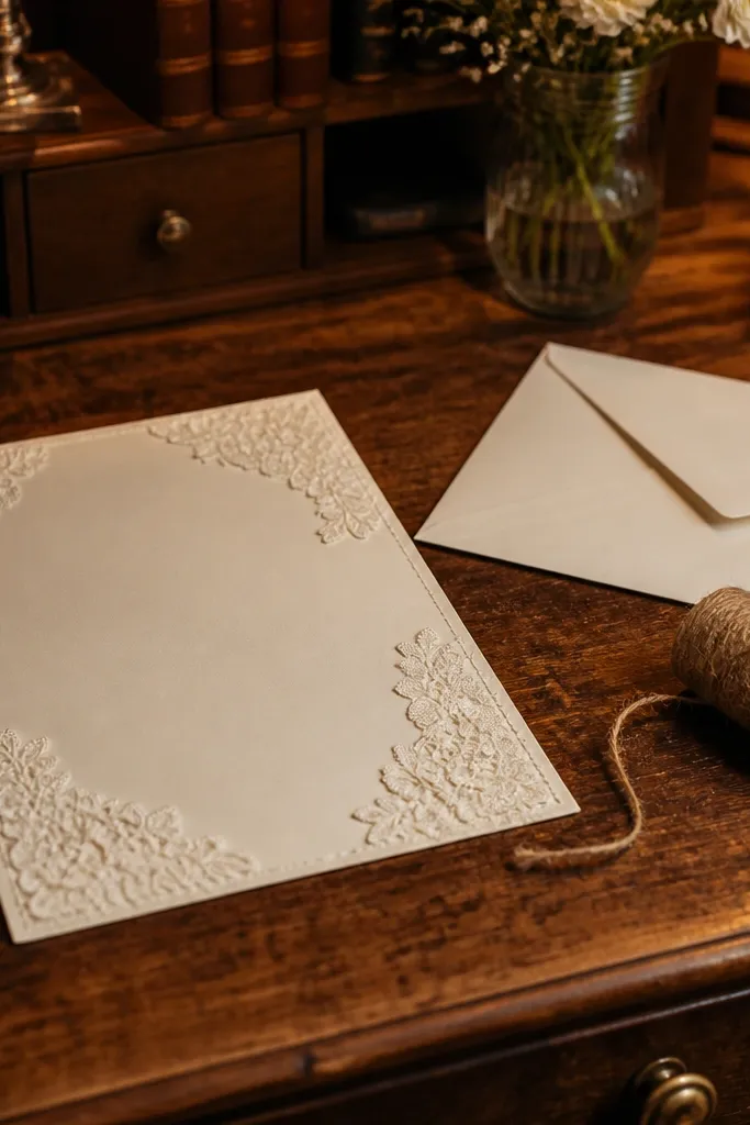 Ivory background with lace border corners and small black text blocks