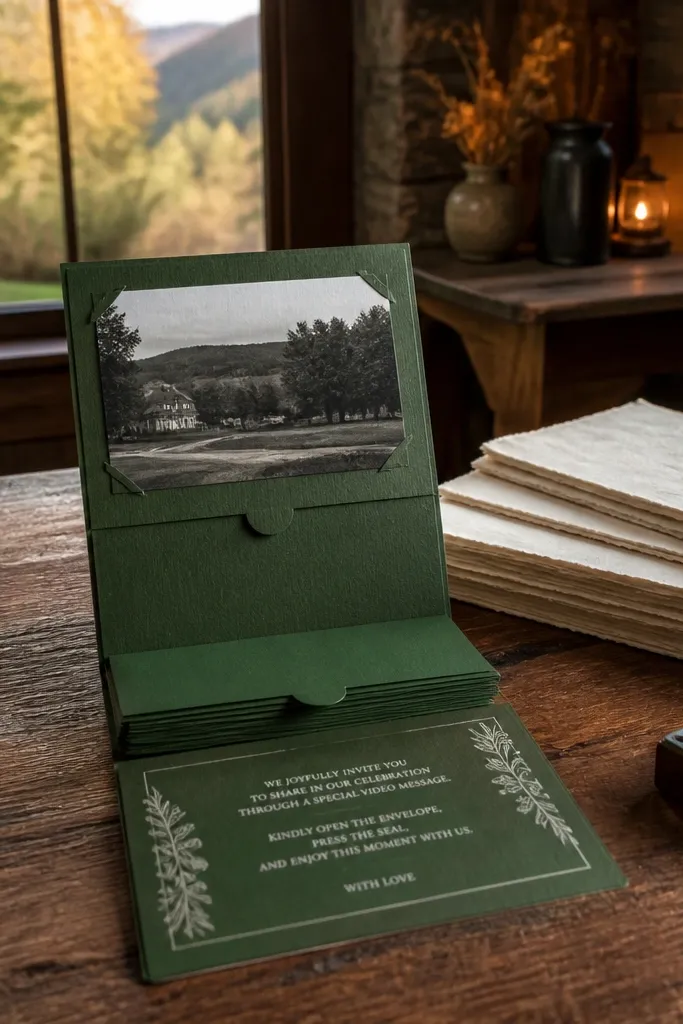 Forest green background with a subtle paper texture and white stamped text