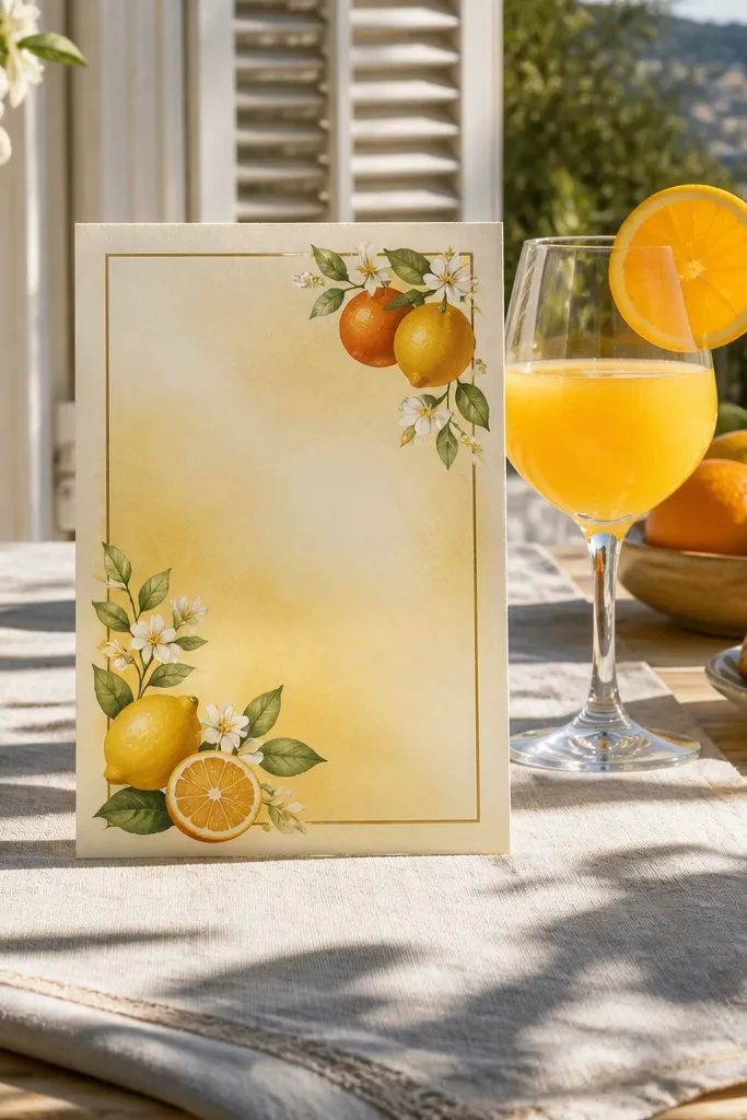 Warm yellow gradient with small citrus illustrations and centered event text