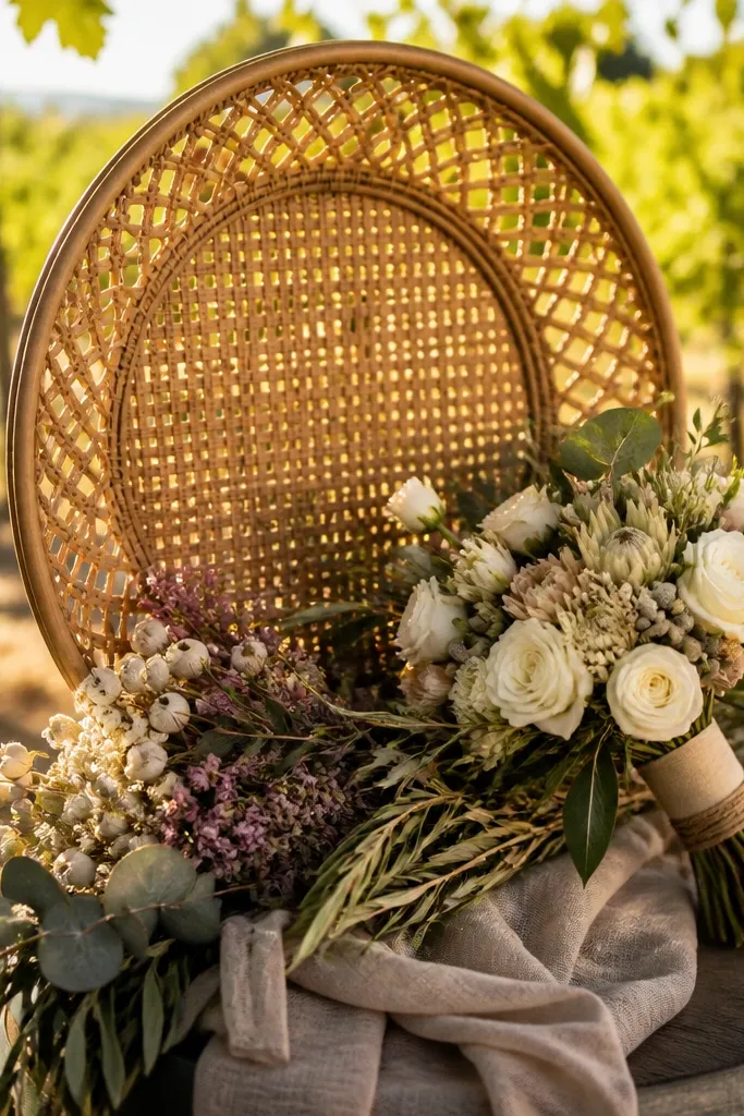 Warm rattan shadow box holding a wedding and a small bouquet piece