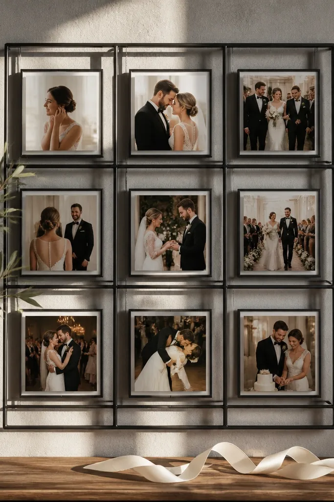 Black metal grid frame displaying nine small wedding portraits