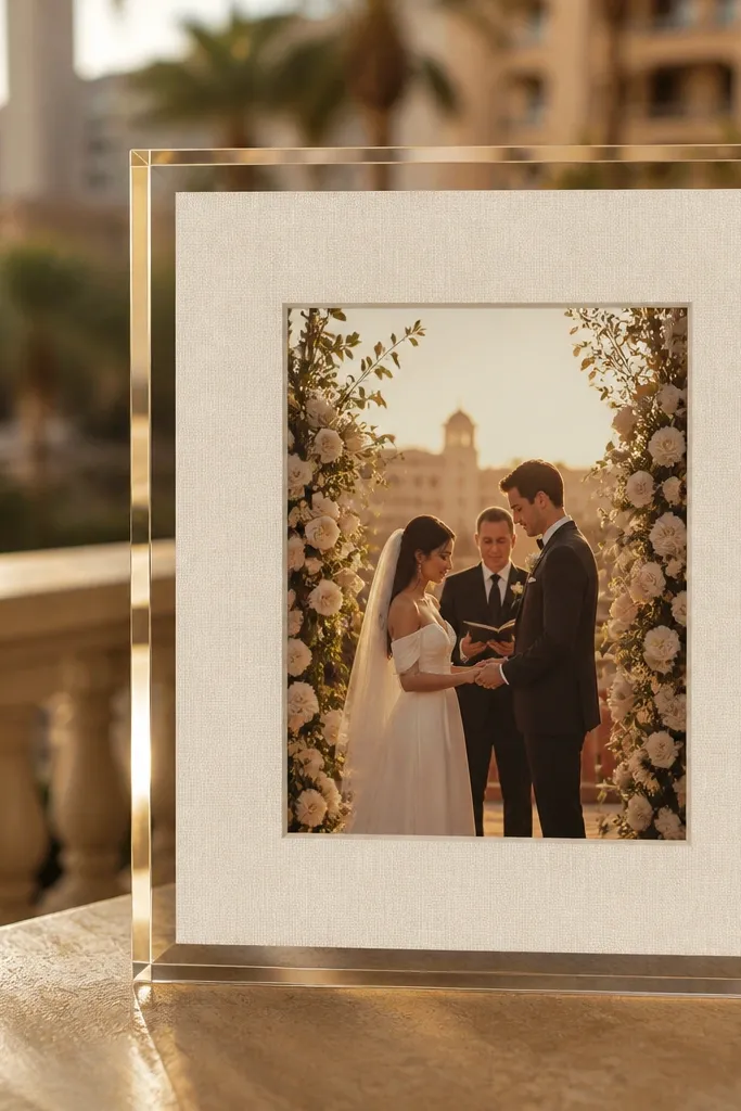 Wedding in a white linen mat with a clear acrylic frame edge