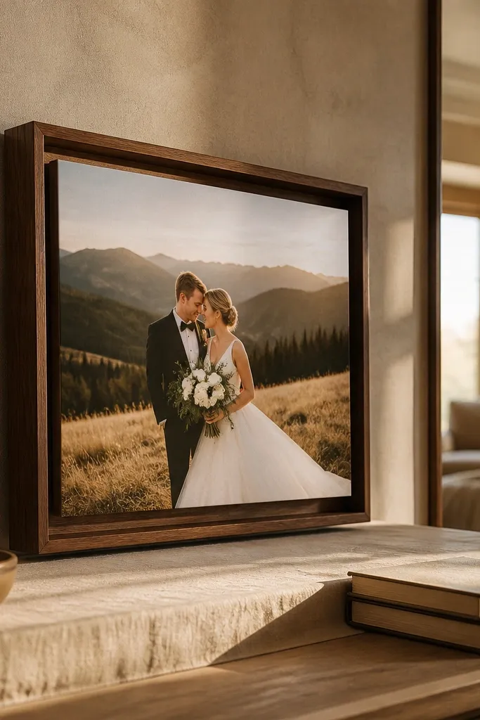 Walnut floating frame showing a wedding with a wide border gap