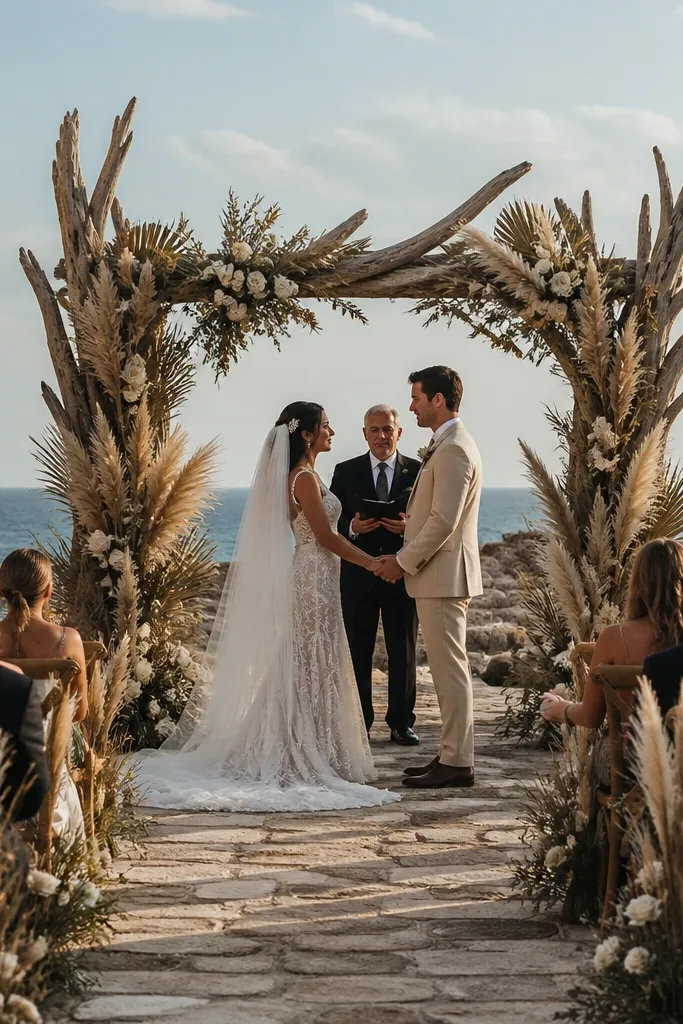 Arched frame displaying a wedding ceremony with aisle perspective