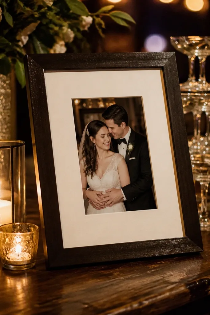 Deep espresso wooden frame with a wide cream mat around wedding portraits
