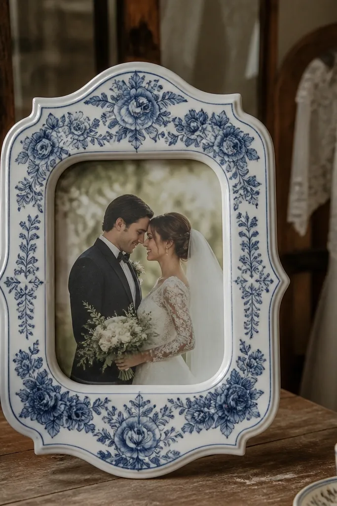 set in a porcelain-style frame with a blue floral border