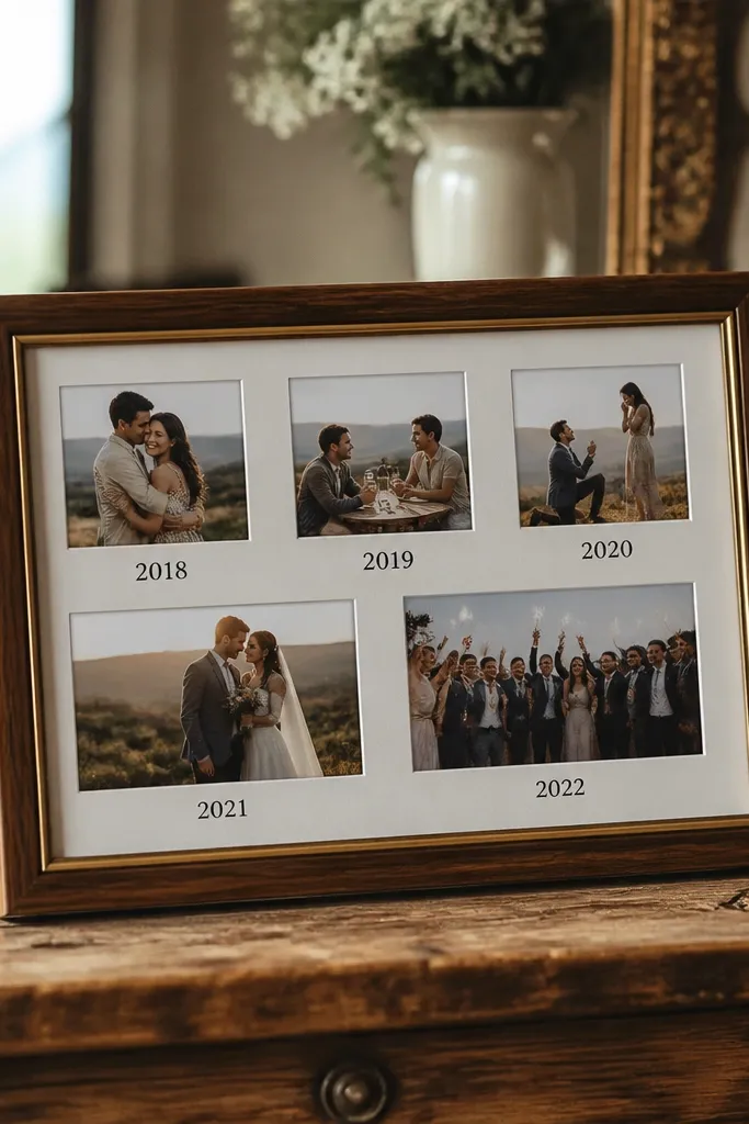 Timeline frame showing multiple wedding photos with small date labels