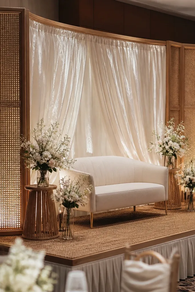 Woven rattan panels with flowing ivory silk ribbons behind a stage
