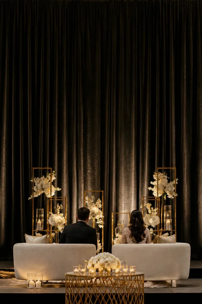 Charcoal velvet curtain backdrop with warm uplighting along the stage