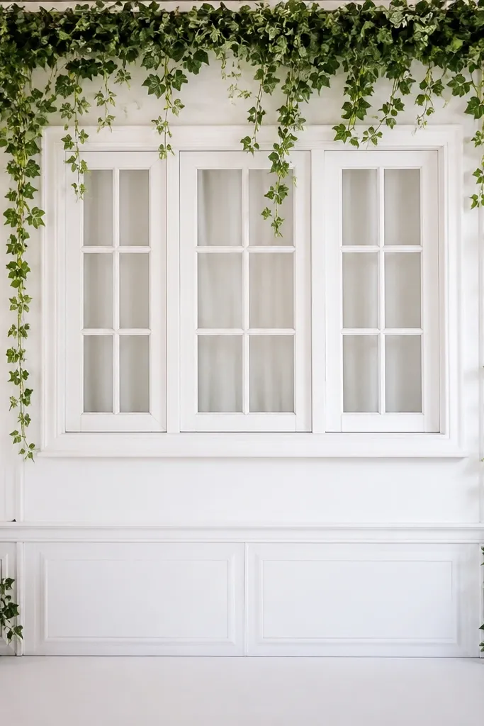 White window frame with trailing green vines behind the stage
