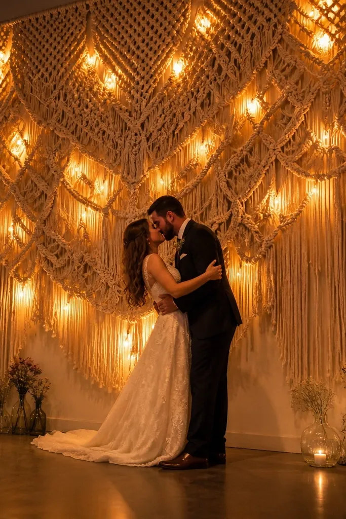 Large macramé wall hanging with soft garden string lights behind stage
