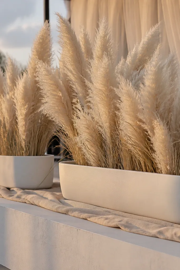 Tall pampas grass plumes in matte white trough planters on stage