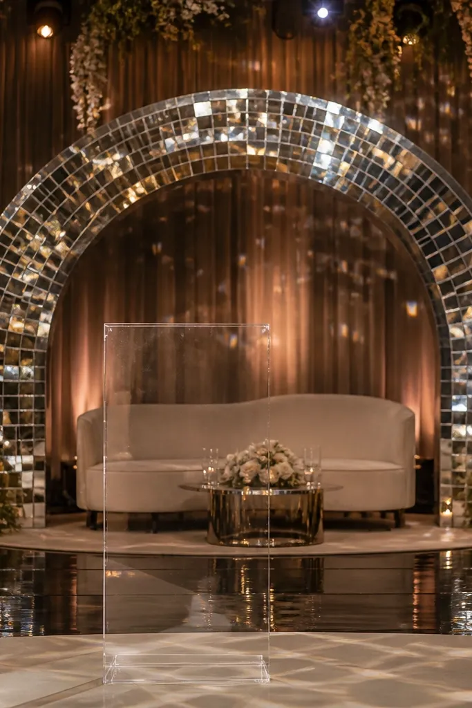 Mirror mosaic arch with clear acrylic sign holder and minimal greenery