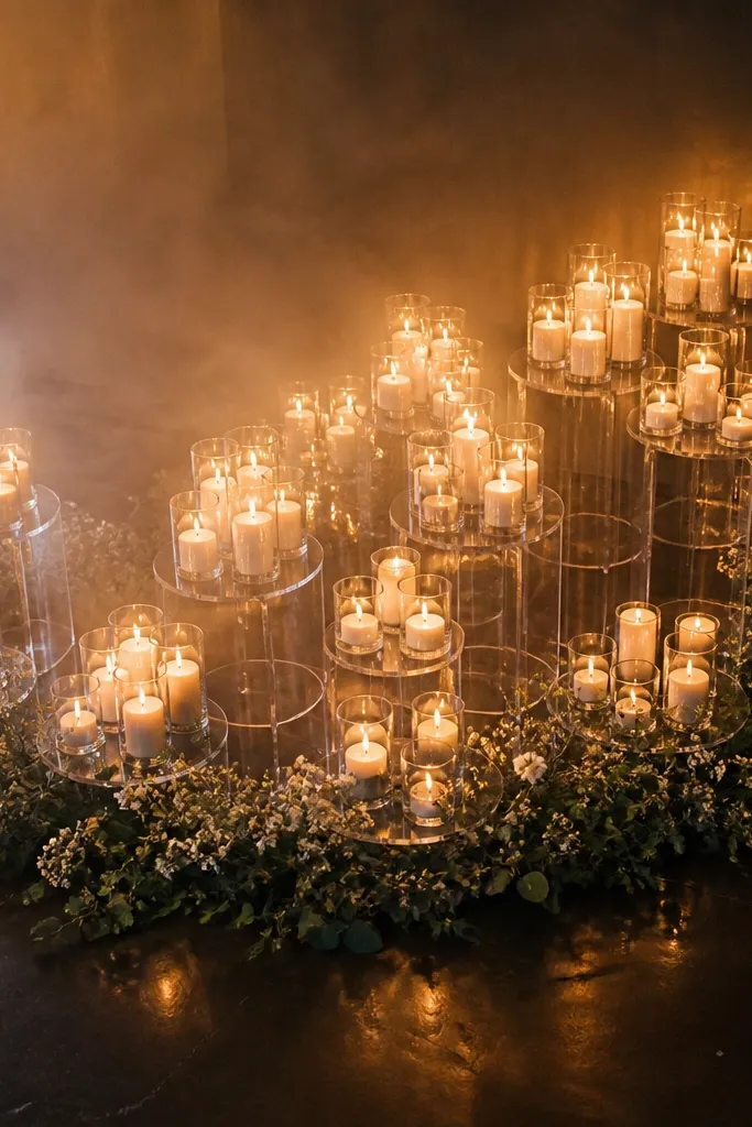 Low floral halo around floating candle platforms on the stage