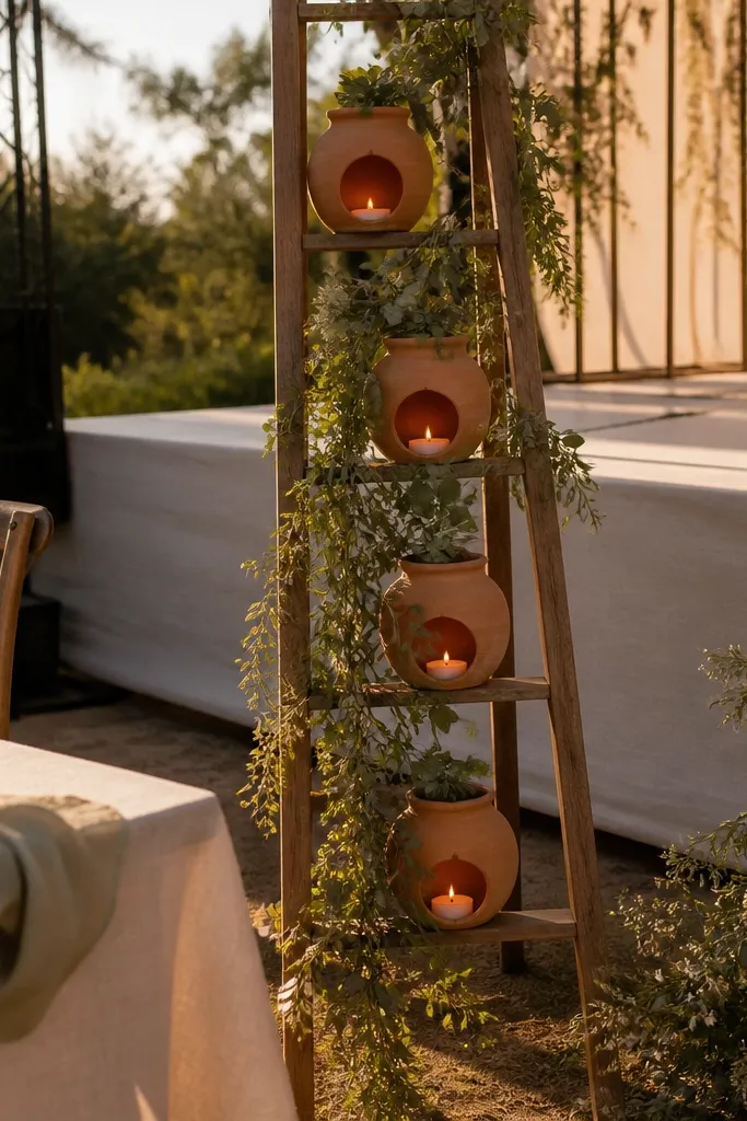 Terracotta lantern ladder with hanging greenery swags behind stage