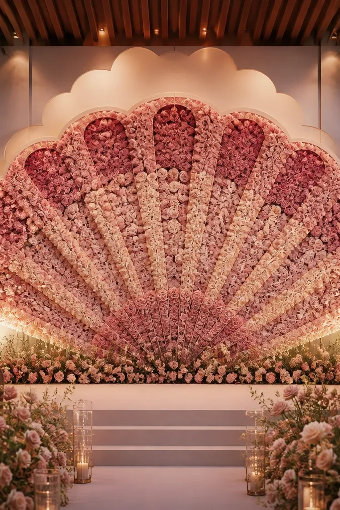 Large floral fan backdrop in blush tones behind a wedding stage